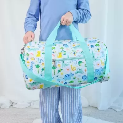 Mala de viagem cylindrical para crianças com padrão colorido de animais e plantas e alças turquesa