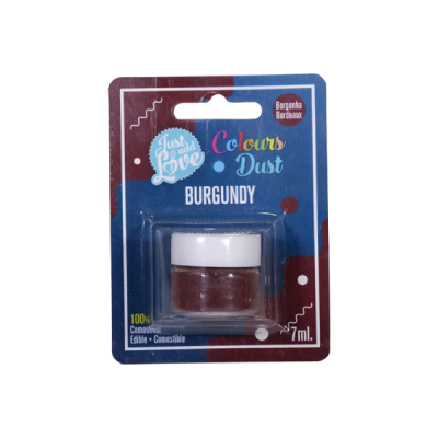 Pó comestível cor burgundy com embalagem azul e vermelha