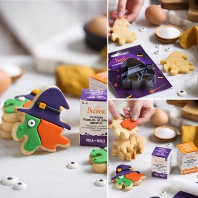 Biscoitos decorados como bruxa com cobertura colorida e embalagens de gel colorido Decora