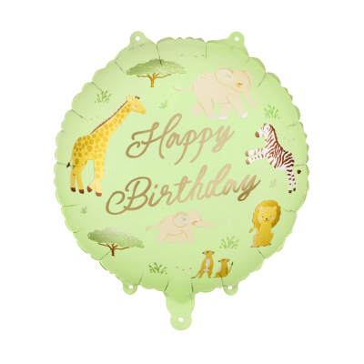 Balão metálico verde claro com animais e texto Happy Birthday