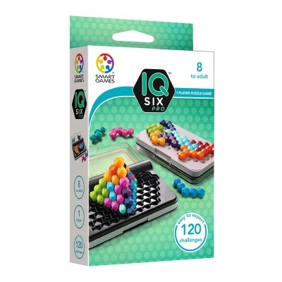 Embalagem do jogo de puzzle IQ Six Pro com peças coloridas hexagonais