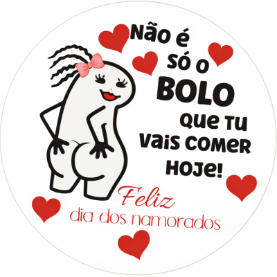 Imagem redonda com figura animada feminina e texto em português sobre dia dos namorados