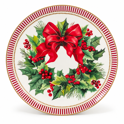 Prato decorativo de cerâmica com padrão natalício e laço vermelho.