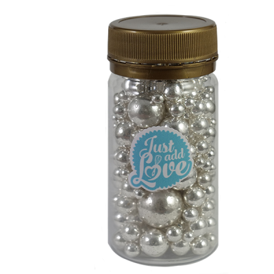 Frasco de plástico com bolinhas prateadas decorativas e tampa dourada