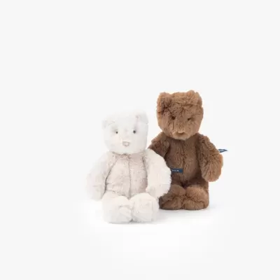 Dois ursos de pelúcia, branco e castanho, sentados num fundo branco