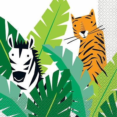 Ilustração de zebra e tigre com folhas verdes.