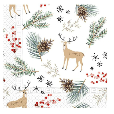 Papel decorativo com padrão natalício de veados, pinhas, ramos de pinheiro e bagas vermelhas sobre fundo branco