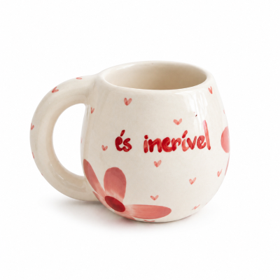 Caneca branca com flores cor-de-rosa, corações vermelhos e texto és incrível