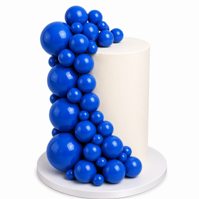 Bolo branco cilíndrico com decoração de bolas azuis brilhantes em cascata