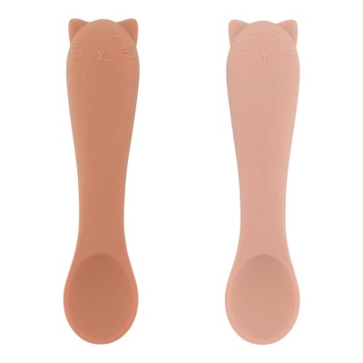 Conjunto de colheres de bebé de silicone com cabeça de gato em castanho e rosa.