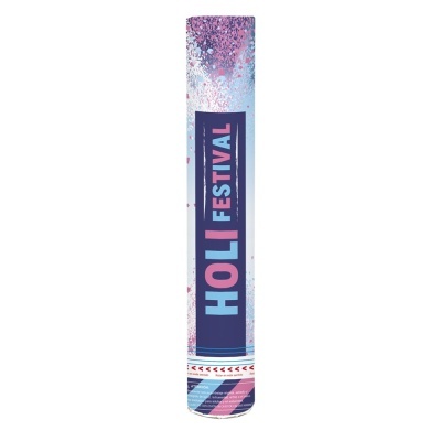 Embalagem cilíndrica com padrão colorido e texto HOLI FESTIVAL