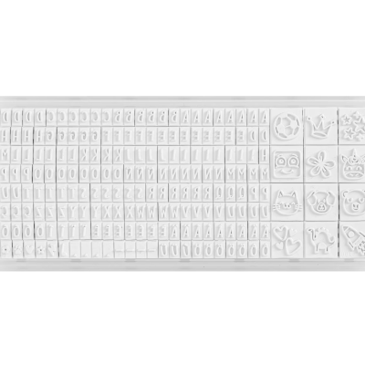 Carimbos brancos em plástico com símbolos e letras numa bandeja transparente