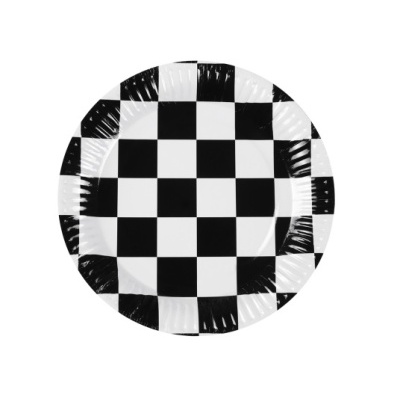 Prato descartável redondo com padrão de quadrados preto e branco tipo tabuleiro