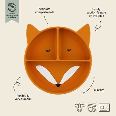 Prato infantil em forma de raposa, silicone laranja com três compartimentos e selo de silicone foodgrade