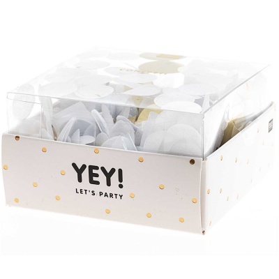 Caixa de decoração para festa branca e dourada com inscrição YEY! LET'S PARTY
