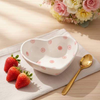 Tigela coração branca com bolinhas rosa, morangos, colher dourada e flores ao fundo