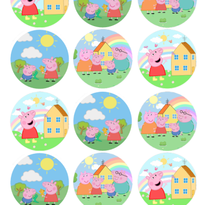 Ilustrações redondas do desenho animado Peppa Pig ao ar livre com sol, céu azul e casa amarela.