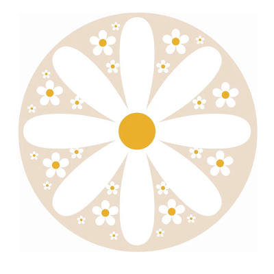 Padrão circular com flores margaridas brancas e centro amarelo em fundo bege