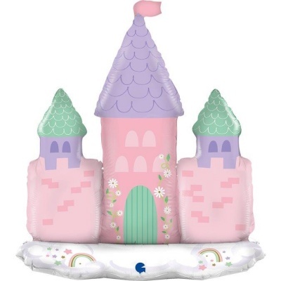 Castelo insuflável cor-de-rosa com três torres e base branca com desenhos