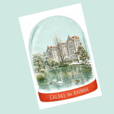 Postal com globo de neve ilustrado de castelo e lago com cisnes e patos com texto CALDAS DA RAINHA