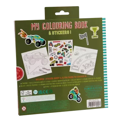 Embalagem de livro para colorir com autocolantes tema carros e corridas