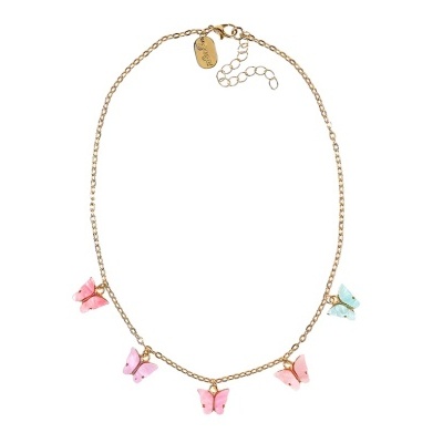 Colar dourado com pendentes de borboletas coloridas