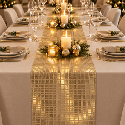Mesa de jantar decorada com caminho de mesa dourado, velas e esferas decorativas.
