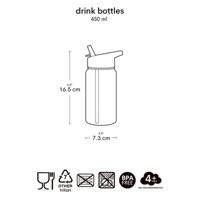 Desenho técnico de garrafa de bebida de 450 ml com medidas e ícones de material e uso.