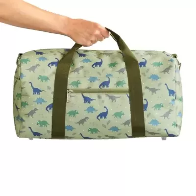 Mala de viagem juvenil com estampado de dinossauros e alças verdes