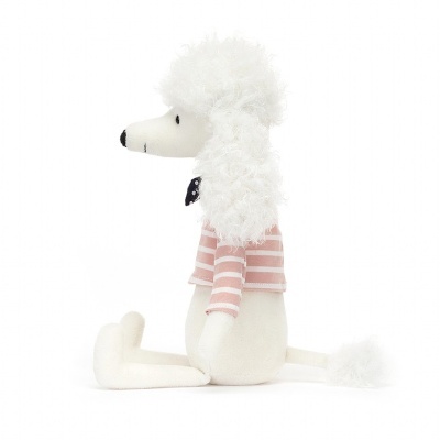 Pelúcia de cão branco com camisola rosa às riscas sentado