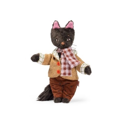 Pelúcia de gato preto vestido com casaco bege, camisa e cachecol xadrez e calças castanhas