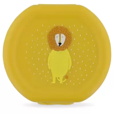 Estojo amarelo com desenho de leão e detalhes brancos