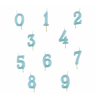 Velas número azuis de 0 a 9 com pavio e suporte dourado