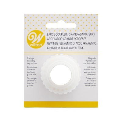 Acoplador grande Wilton branco em embalagem de cartão branco e amarelo