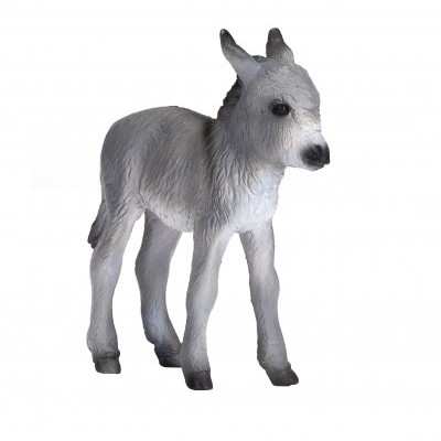 Figura pequena de burro cinzento e branco em fundo branco