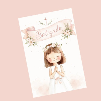 Cartão de batizado com menina em vestido branco e texto Batizado