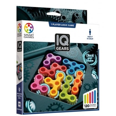 Jogo de lógica IQ Gears com peças coloridas dentro da embalagem