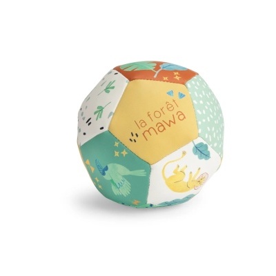 Bola macia multicolorida com texto la forêt mawa e desenhos de animais e plantas