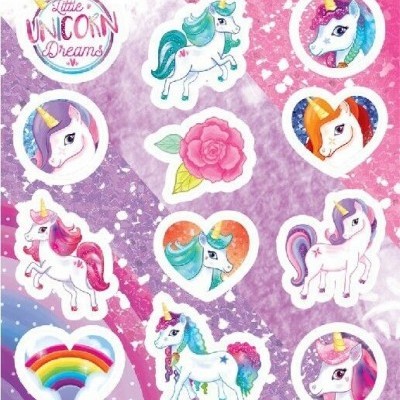 Adesivos coloridos de unicórnios e arco-íris com texto 'Little UNICORN Dreams'