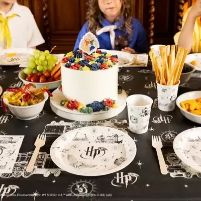 Artigos de festa Harry Potter em preto e branco com bolo colorido numa mesa