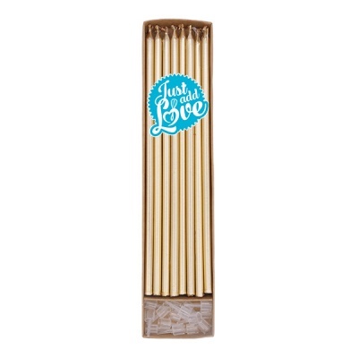 12 velas douradas brilhantes embaladas em caixa retangular com autocolante azul 'Just add Love'