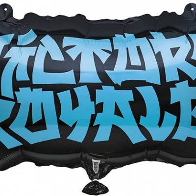 Balão preto com texto azul VICTORY ROYALE em grafite