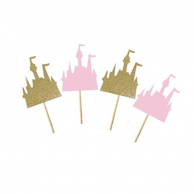 Toppers para bolos em forma de castelos rosa e dourado com palitos de madeira