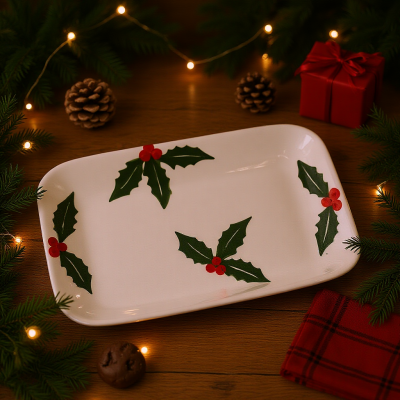 Tabuleiro retangular branco com decoração de azevinho rodeado por elementos festivos de Natal