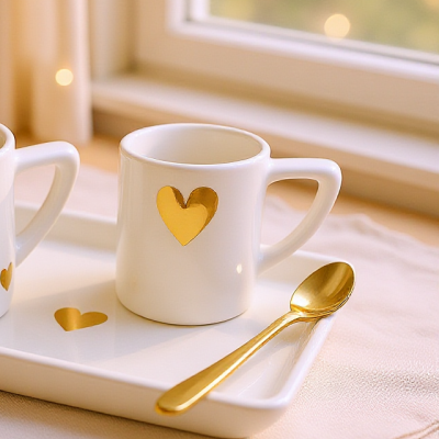 Conjunto de chávenas brancas com corações dourados e colher dourada numa travessa branca