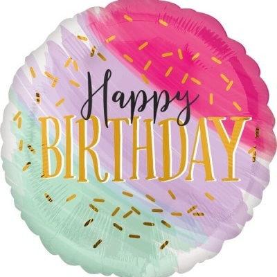 Balão metálico redondo colorido com texto Happy BIRTHDAY