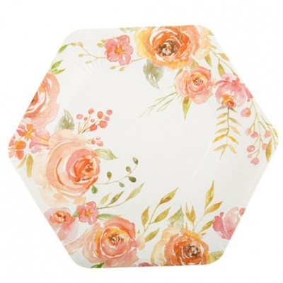 prato hexagonal decorado com flores em tons pastéis