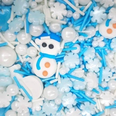 Granulado decorativo com mini bonecos de neve, flocos de neve e bolas em tons azuis e brancos