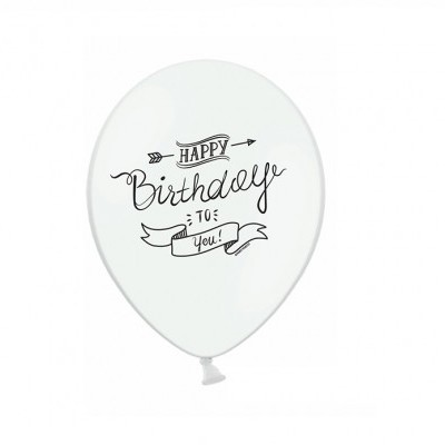 Balão branco de látex com impressão preta de aniversário