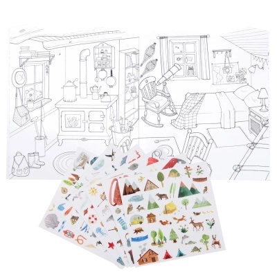 Livro de desenhos para colorir interior de casa rústica com autocolantes coloridos de animais e montanhas